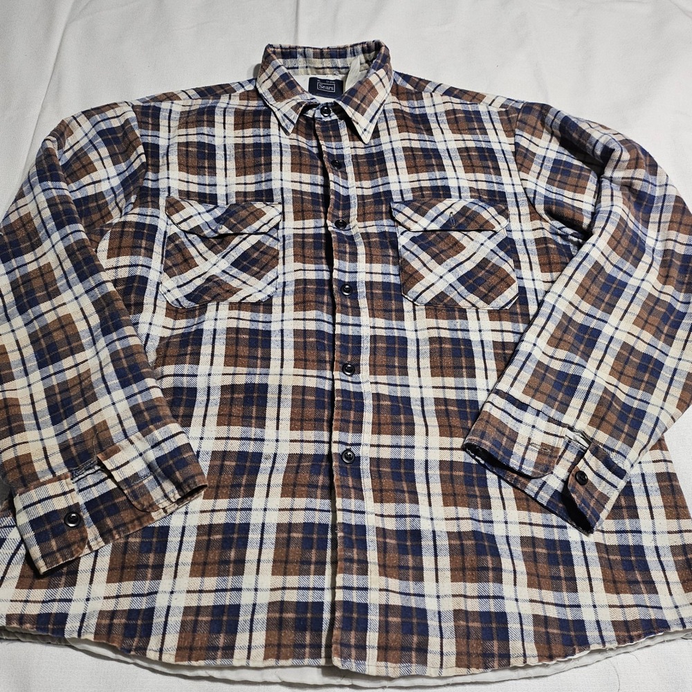 Sears Quilted Flannel Shirt Jacket Mens XL Brown Blue Plaid Vintage Workwear USA